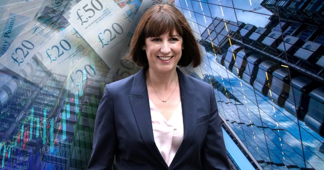 Chancellor Rachel Reeves in front of buildings and with money