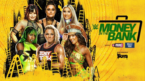 WWE Money In The Bank 2024 poster featuring Iyo Sky, Lyra Valkyria, Tiffany Stratton, Naomi, Zoey Stark and Chelsea Green