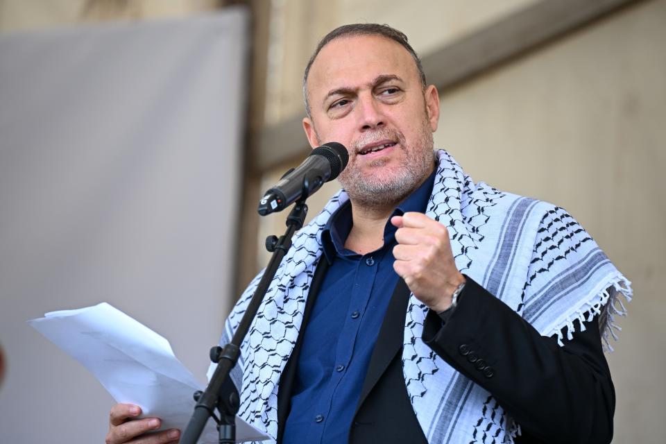 Husam Zomlot, Palestinian Ambassador to the UK speaks to the crowd at the Tolpuddle Martyrs Festival and Rally, on July 21, 2024 in Tolpuddle, England (Getty Images)