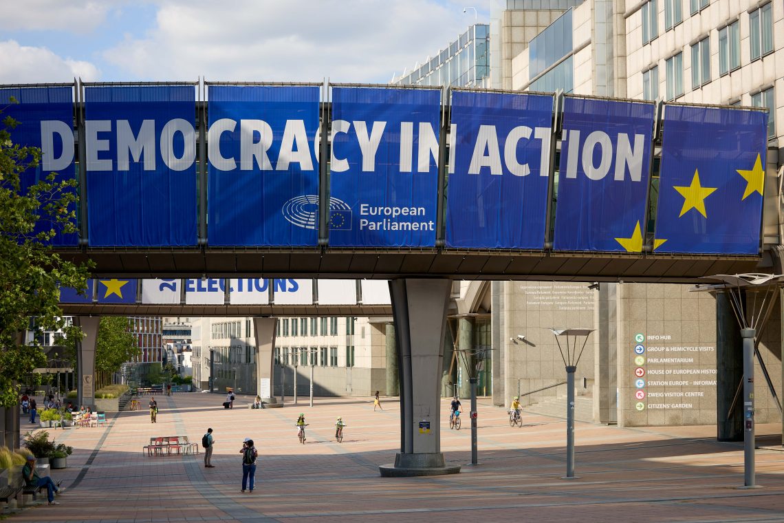 “Democracy in Action” motto on European Parliament building in Brussels, Belgium, on Friday, June 28, 2024.