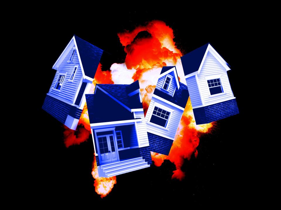 Photo illustration of a house exploding into flames