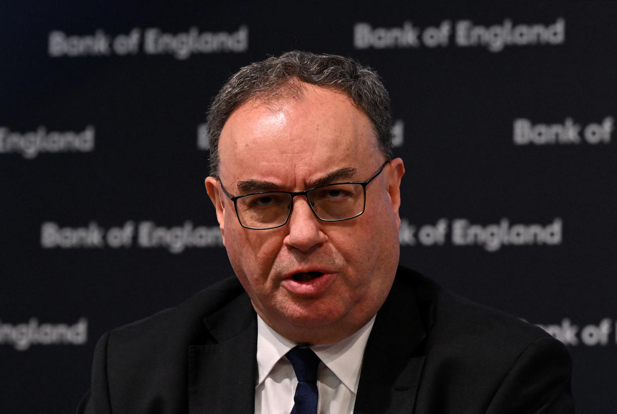Bank of England Governor Andrew Bailey addresses the media during the central bank's Monetary Policy Report press conference at the Bank of England, in London, on February 1, 2024. (Photo by JUSTIN TALLIS / POOL / AFP) (Photo by JUSTIN TALLIS/POOL/AFP via Getty Images)