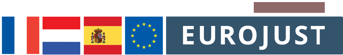 Flags of FR NL ES, logos of Europol and Eurojust